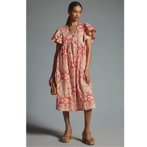 Anthropologie Maeve Printed Flutter-Sleeve Babydoll Dress Medium NWOT